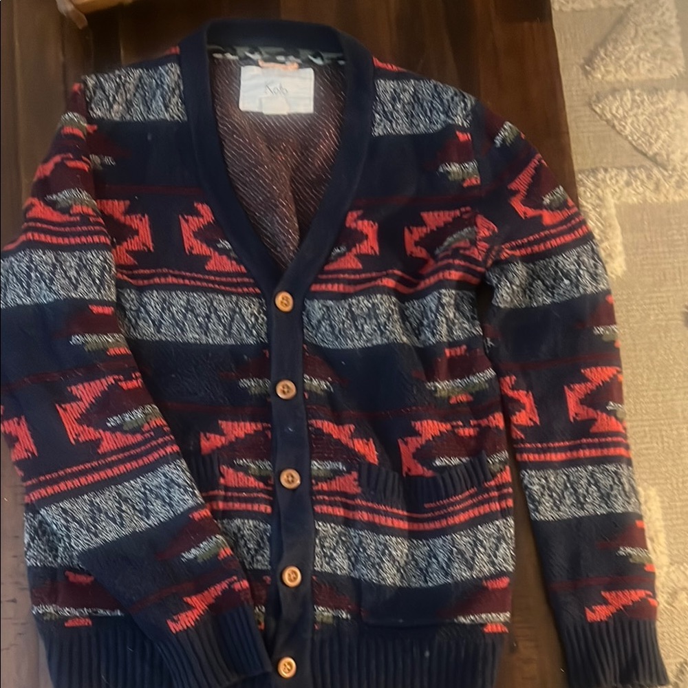 Blue and Red Koto Knitted Cardigan Sweater with Nordic Patterns